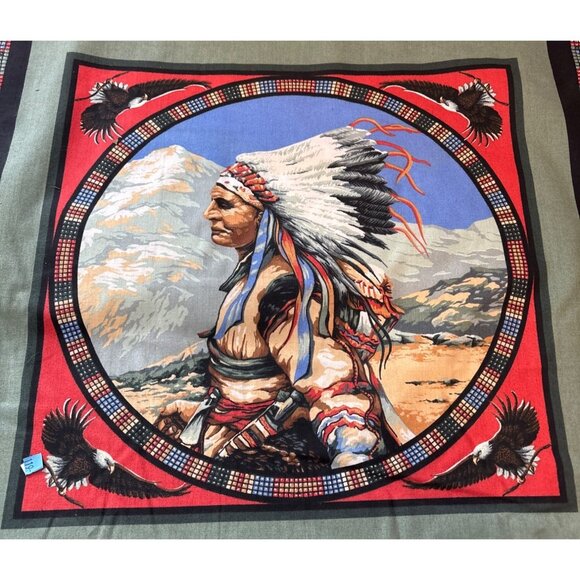 Native Spirit Fabric Pillow Panel Chief Cotton 44" X 17.5" Bald Eagles Mountain - Picture 2 of 9